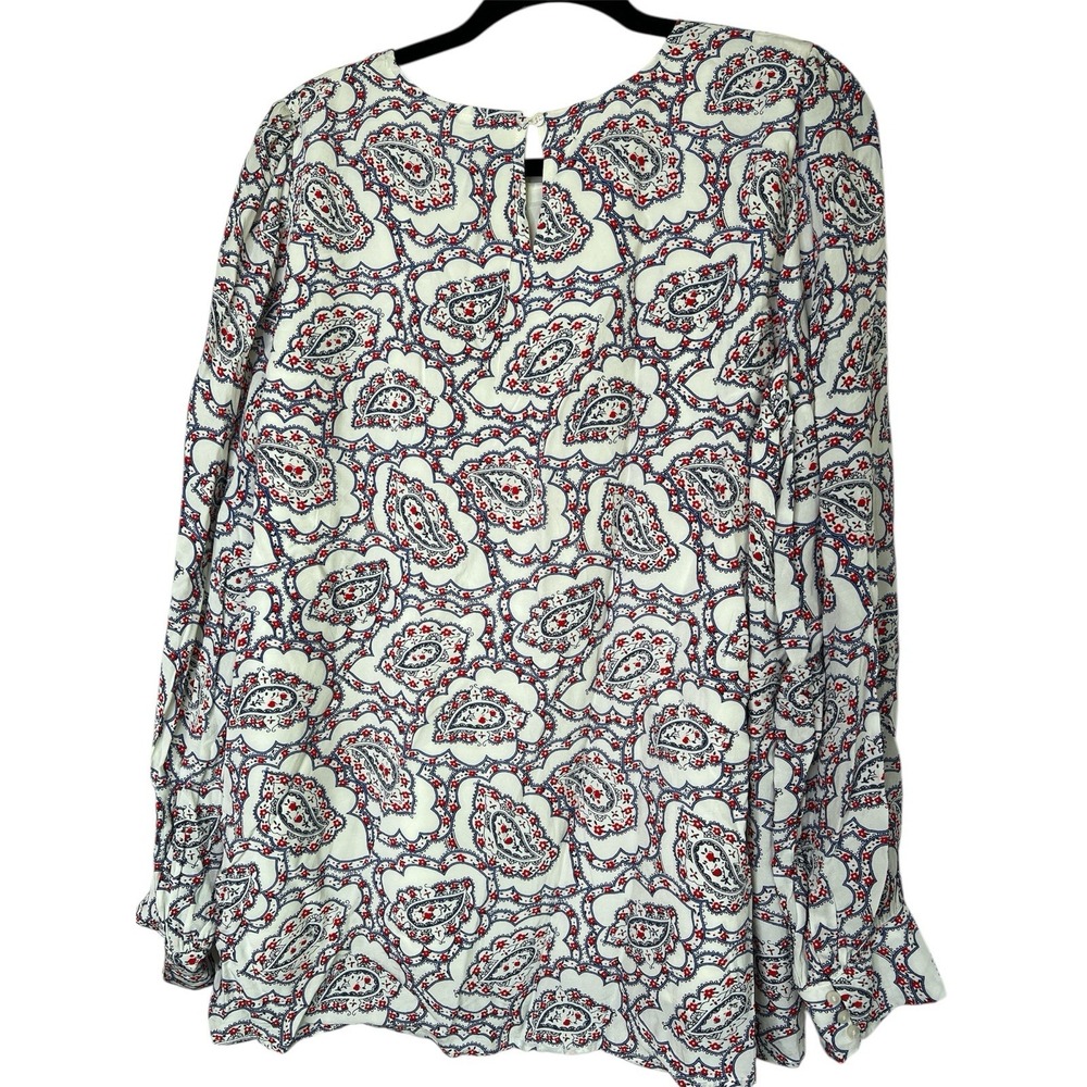 Talbots Womens XL Blouse Red Navy Blue Paisley Print Long Sleeve Keyhole Back - Picture 2 of 4